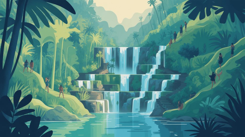 Vue stylisée Bali Sekumpul Waterfall, jungle et cascades