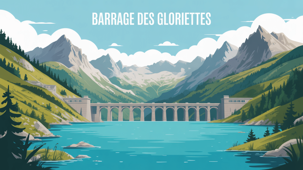 barrage des gloriettes vu global lac turquoise montagnes