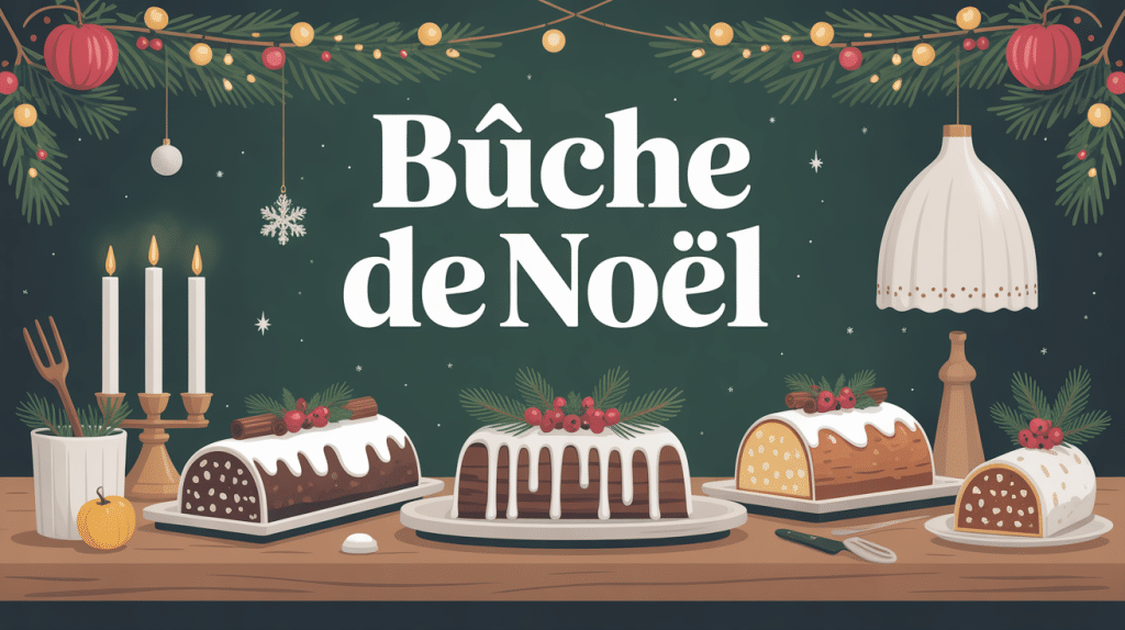table bles de noel avec bûches et décorations