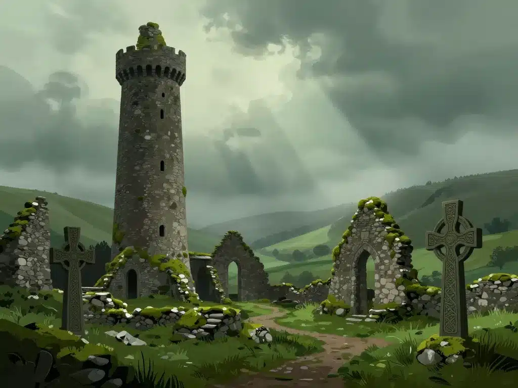 Glendalough comté de Wicklow Irlande site monastique tour ronde croix celtiques