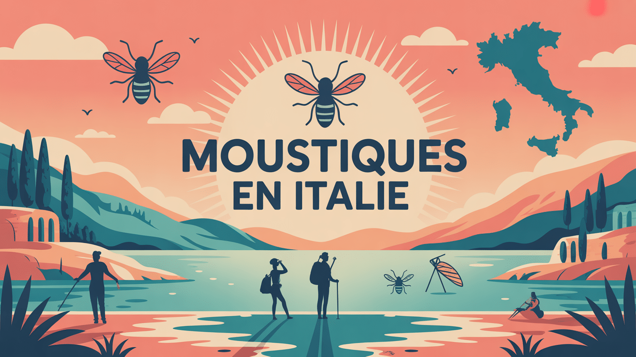 illustration moustiques en italie avec carte et voyageurs