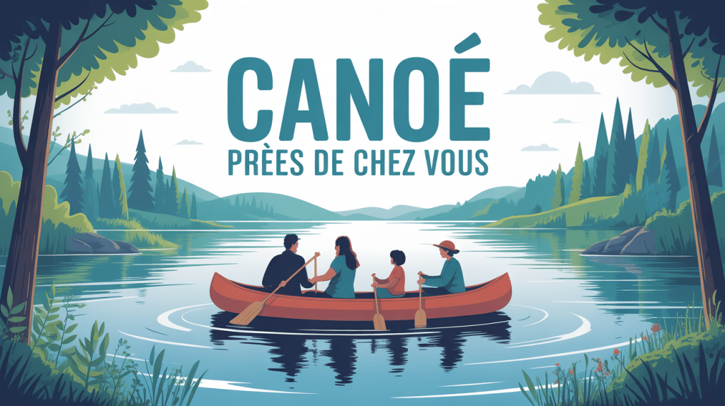 Illustration où faire du canoë autour de moi, famille sur rivière et lac