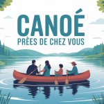 Illustration où faire du canoë autour de moi, famille sur rivière et lac
