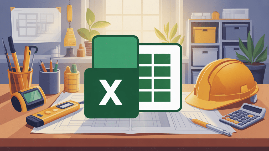 tableau excel chiffrage travaux gratuit posé sur bureau avec outils de rénovation