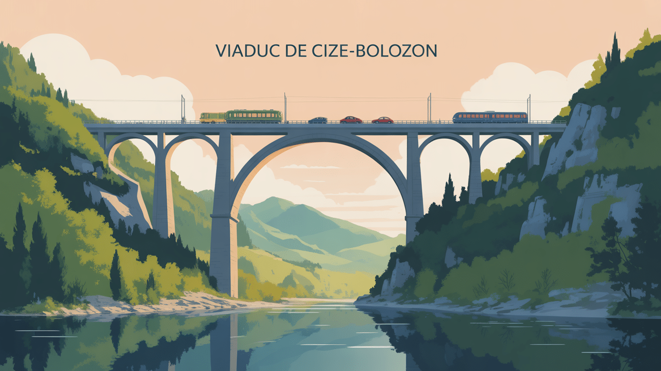 vue du viaduc de cize-bolozon dans le Bugey avec rivière Ain