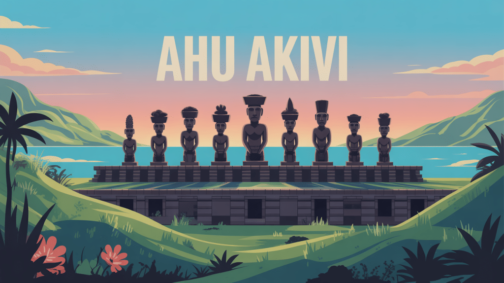 Illustration Ahu Akivi Chile sept statues moaïs regard océan