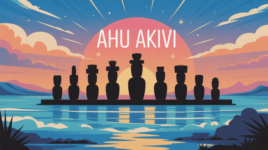 ahu akivi sept moaï face océan au coucher de soleil