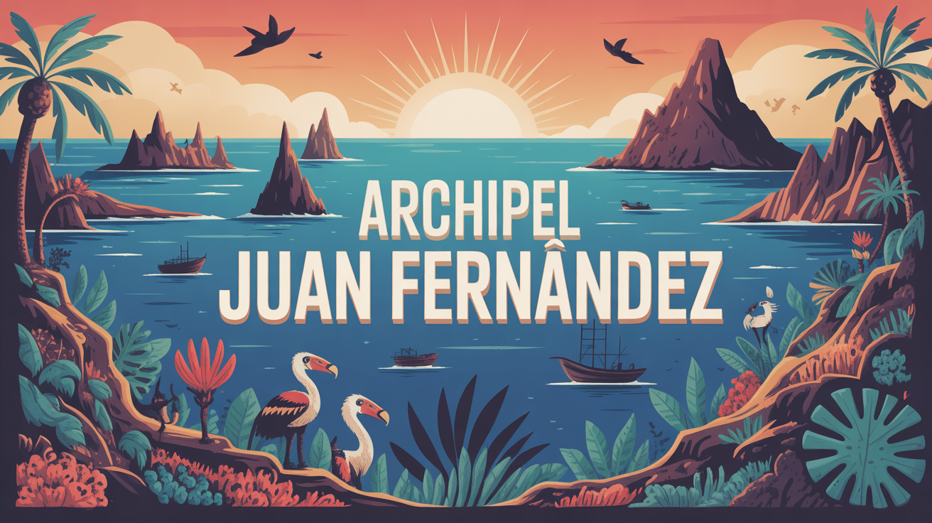 Panorama illustration archipel Juan Fernández îles volcaniques et faune
