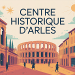 illustration stylisée arles centre historique monuments arènes ruelles