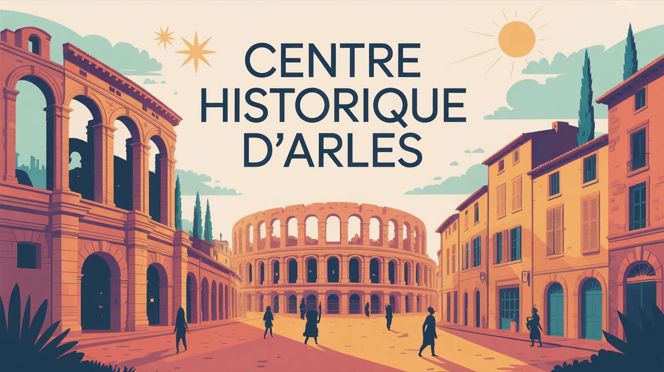 illustration stylisée arles centre historique monuments arènes ruelles