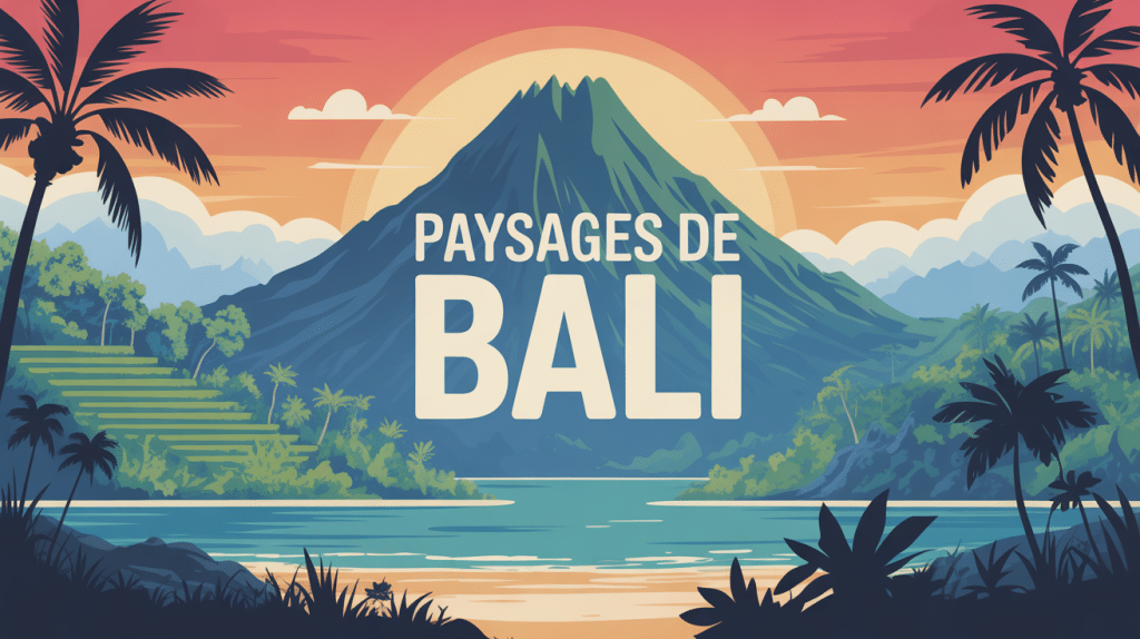 Illustration bali paysage rizières volcans plages