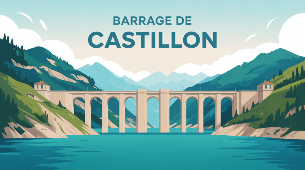 Illustration du barrage de Castillon avec fresque et lac
