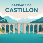 Illustration du barrage de Castillon avec fresque et lac