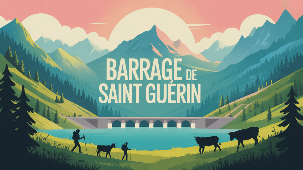Vue sur barrage de Saint Guérin, lac turquoise et montagnes