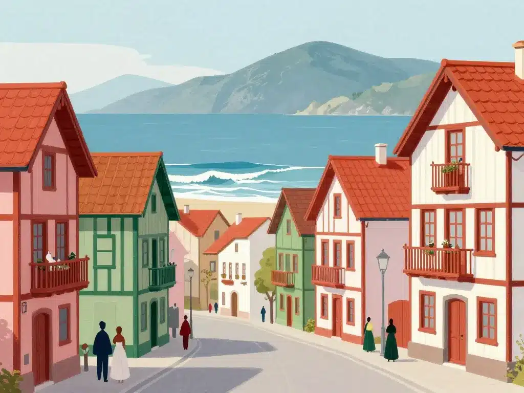 Rue typique ville du Pays basque façades et montagnes