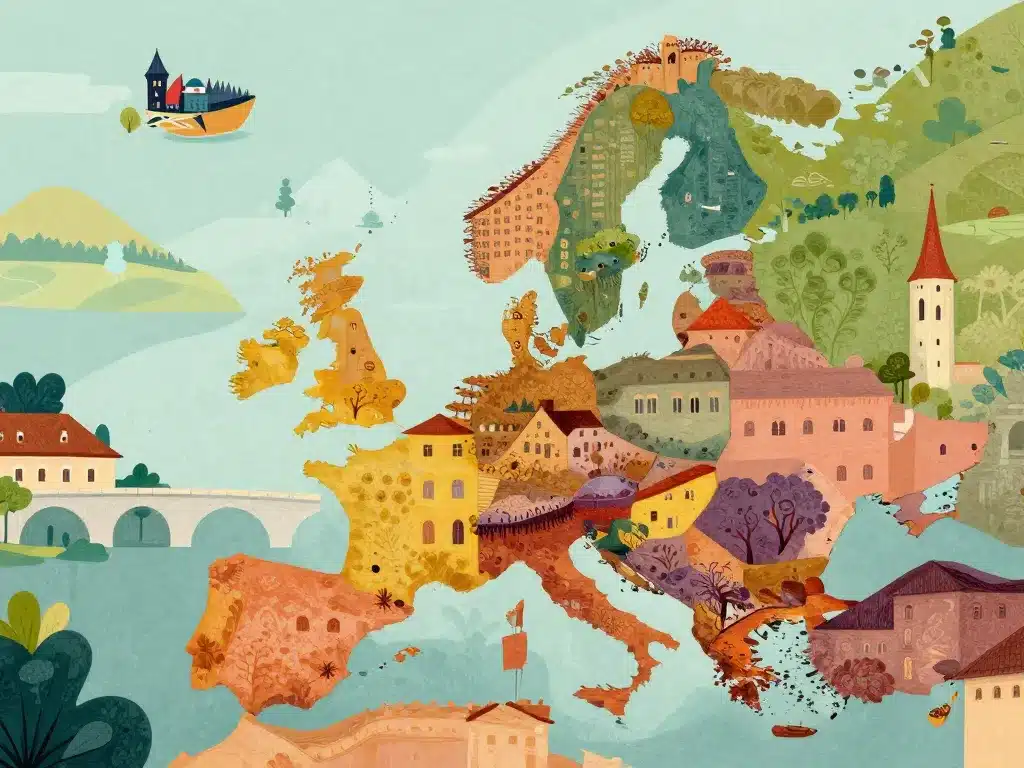 Illustration villes médiévales Europe collage