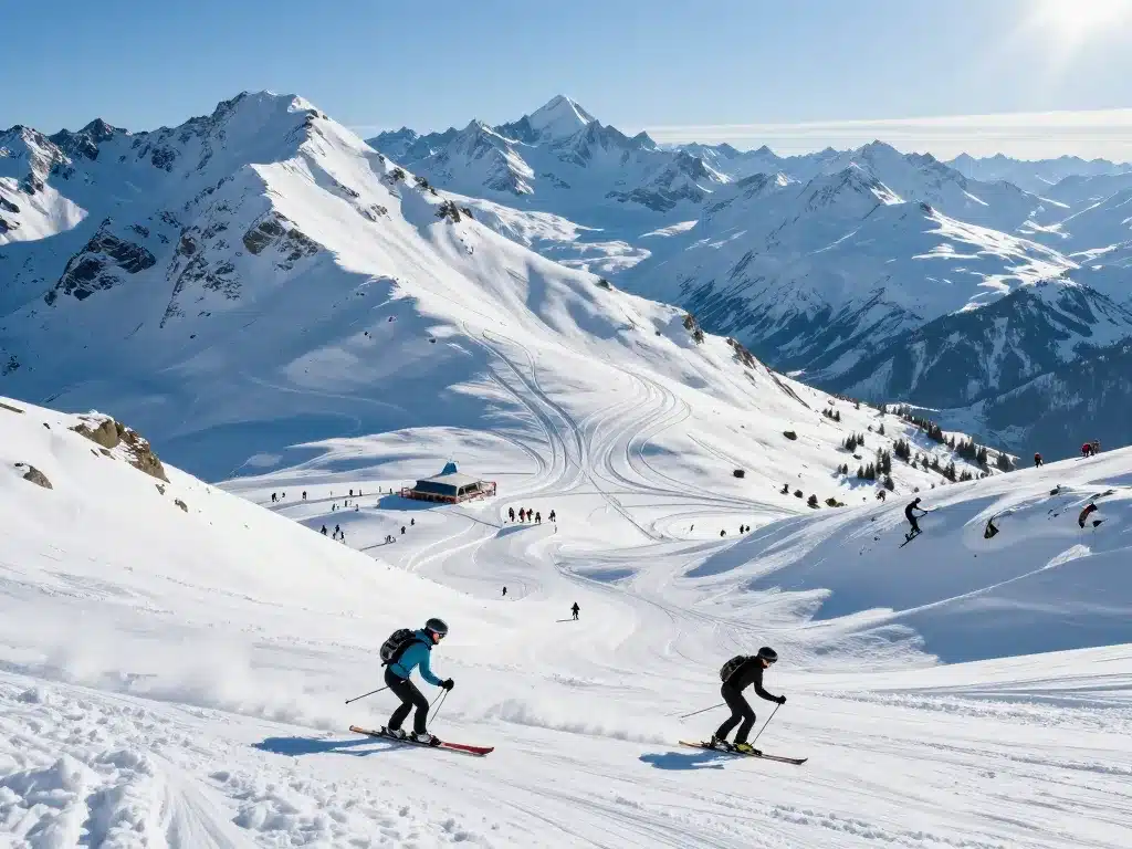 Vaste domaine station de ski proche de Lyon, pistes alpines, skieurs sportifs