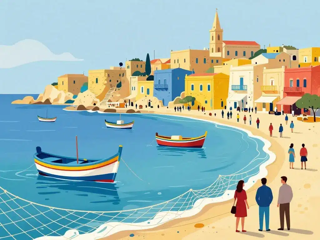 Illustration symbolique de l’âme maritime de Marsaxlokk village avec luzzu et silhouettes