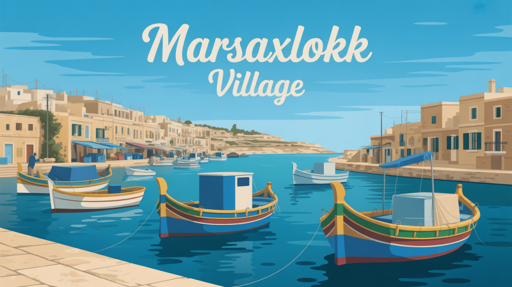 Vue stylisée et colorée du front de mer de Marsaxlokk village avec barques luzzu et ambiance locale