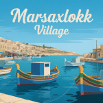 Vue stylisée et colorée du front de mer de Marsaxlokk village avec barques luzzu et ambiance locale