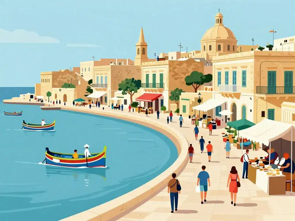 Scène animée de Marsaxlokk village avec luzzu, pêcheurs et marché local