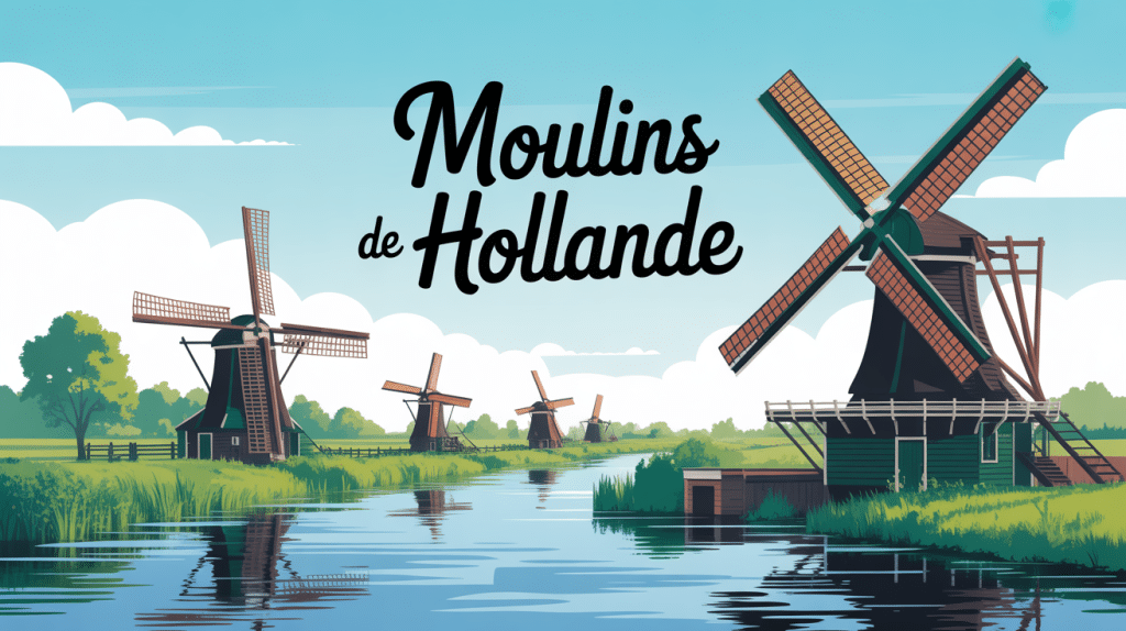 illustration moulins de Hollande bords canaux champs verts