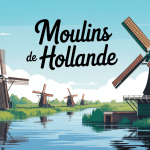 illustration moulins de Hollande bords canaux champs verts
