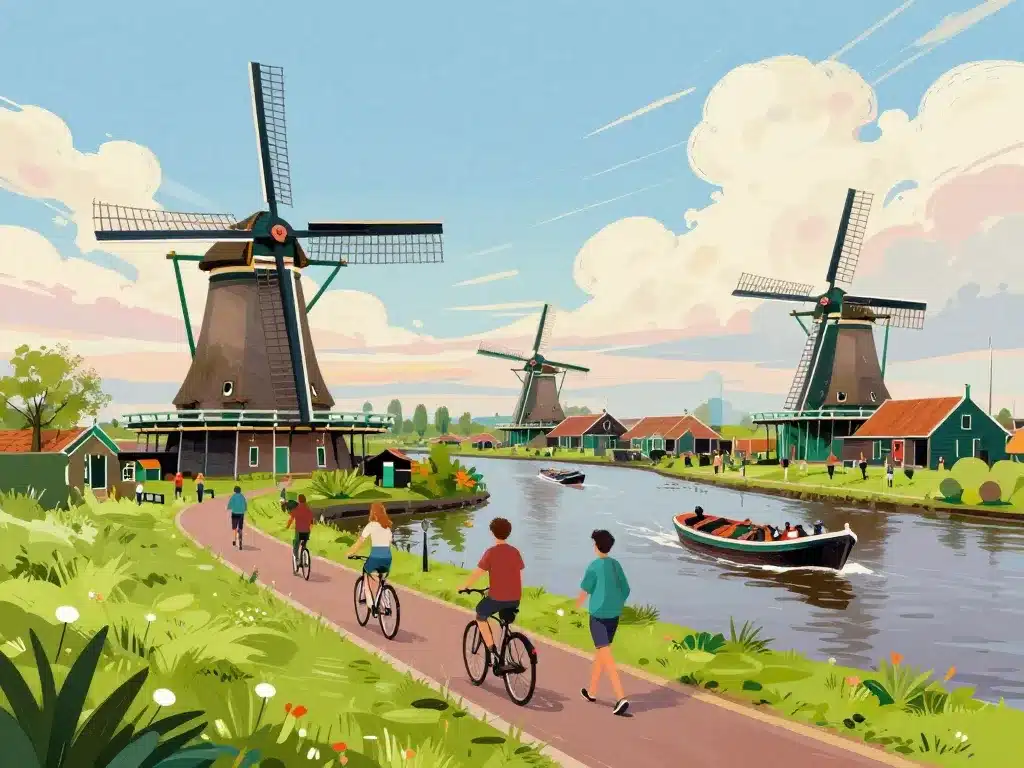 paysage tourisme moulins de Hollande visiteurs canaux