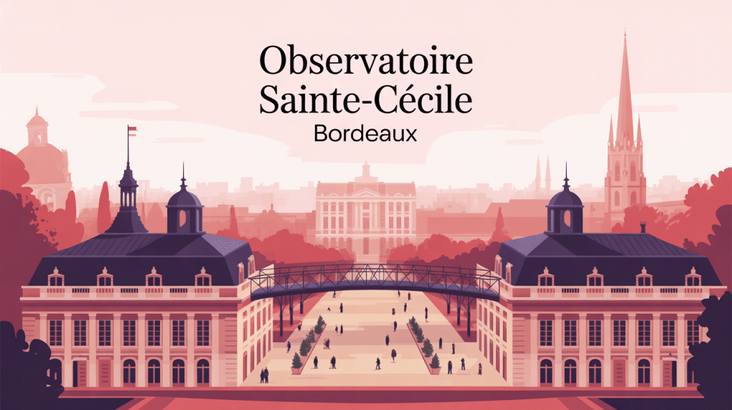 Vue aérienne illustrée de l'observatoire Sainte Cécile Bordeaux sur le Jardin Public