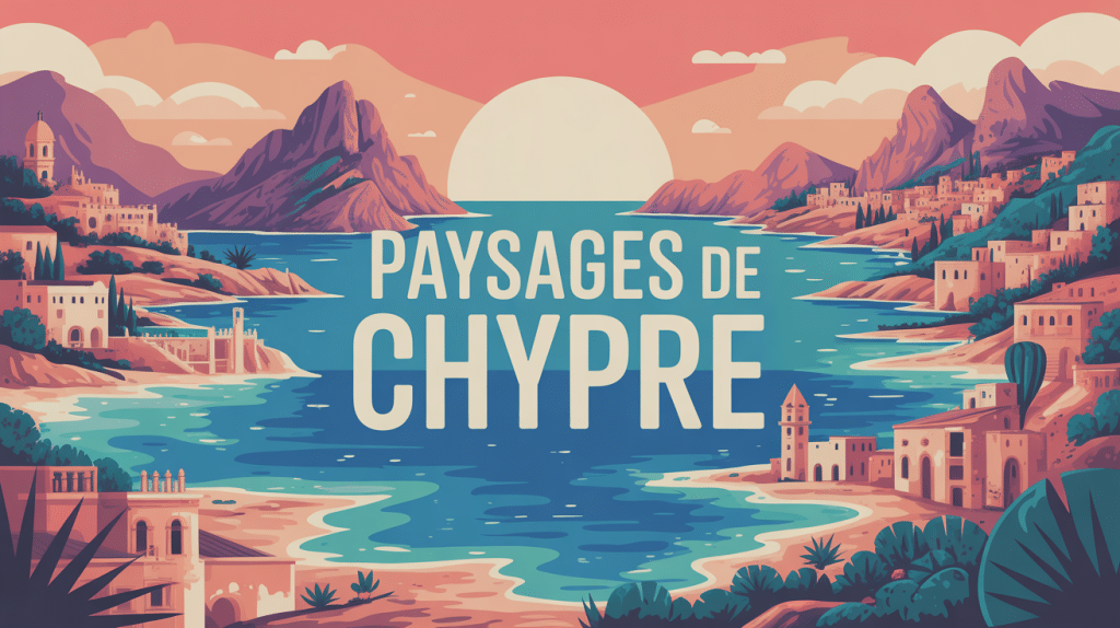 Paysage Chypre panorama stylisé criques turquoise montagnes villages