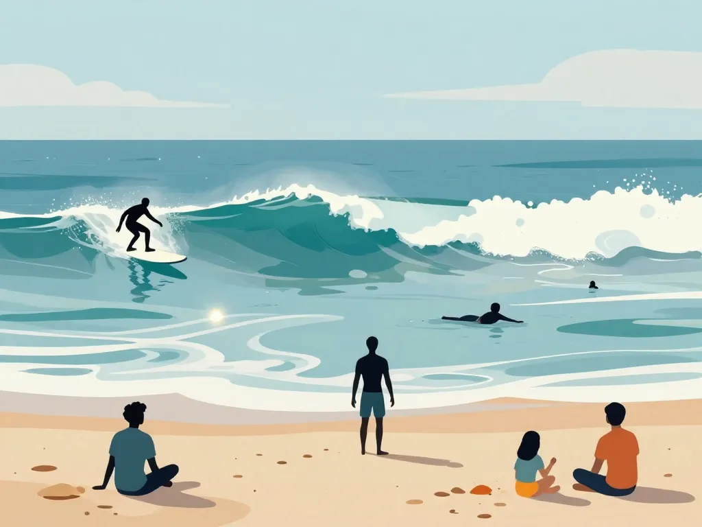 Scène estivale plage Pontaillac surf baignade famille