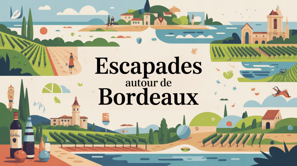 que faire autour de Bordeaux illustration mosaïque vignobles plages villages
