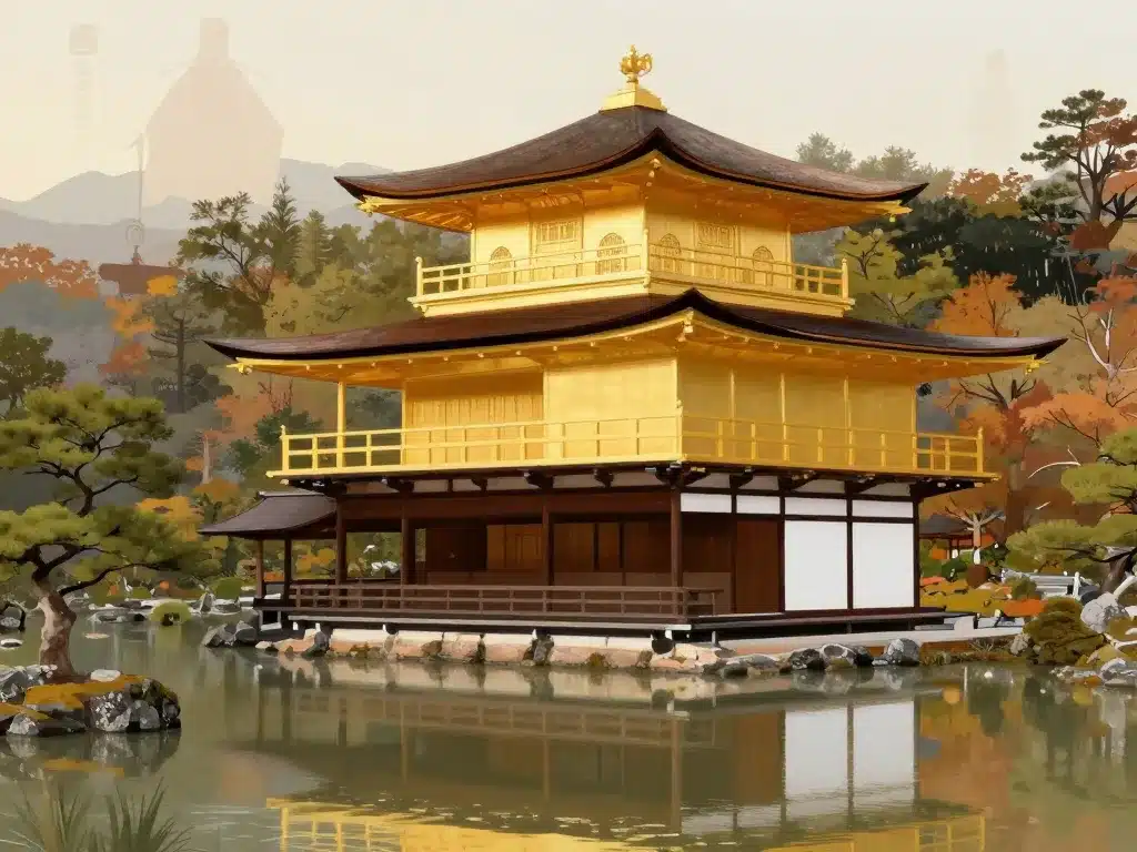 Editorial illustration du rokuon ji temple, pavillon d'or et jardin, ambiance zen