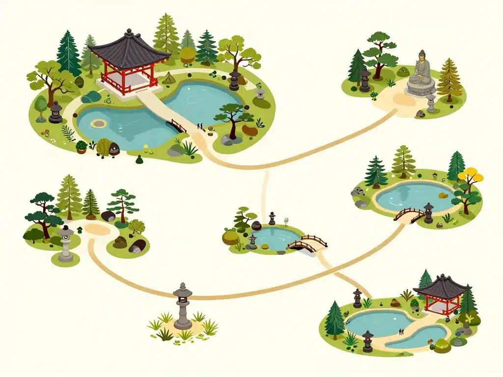 Diagramme du parcours de visite au rokuon ji temple et son jardin japonais