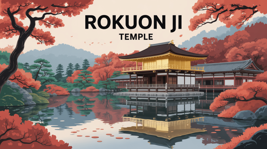 Illustration vectorielle du rokuon ji temple avec pavillon d'or et jardin japonais