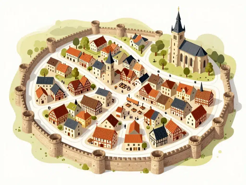 Schéma concept ville médiévale caractéristiques