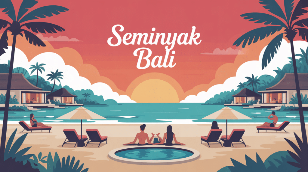 Illustration plage chic Seminyak Bali avec villas et ambiance festive