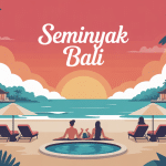 Illustration plage chic Seminyak Bali avec villas et ambiance festive