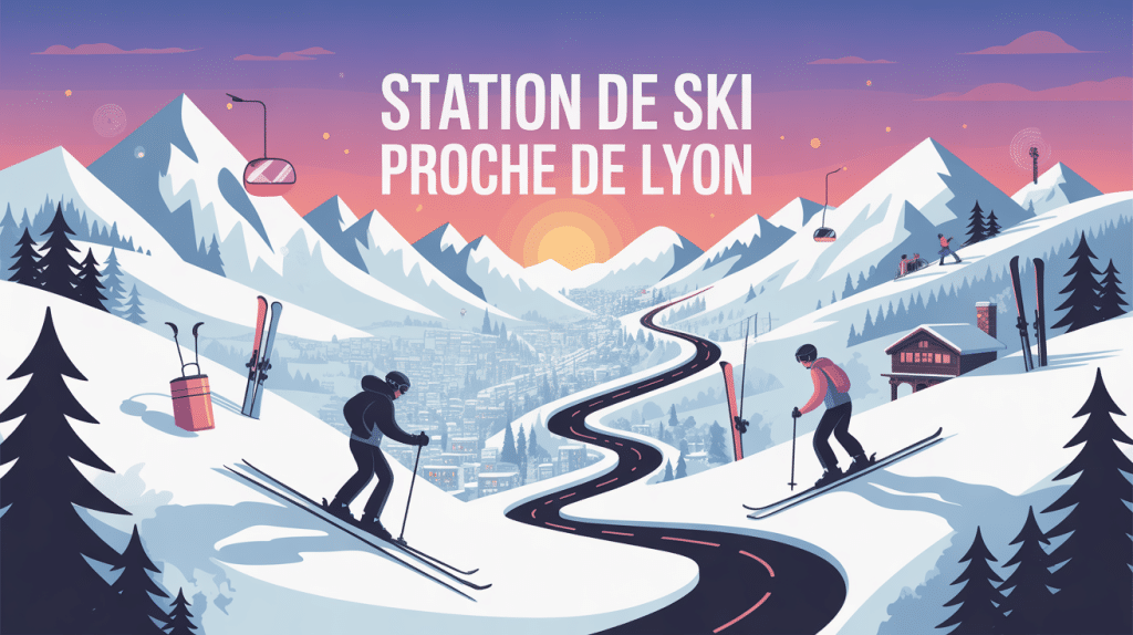 Illustration station de ski proche de Lyon, montagnes et skieurs