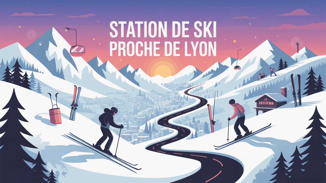 Illustration station de ski proche de Lyon, montagnes et skieurs