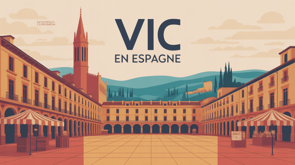 Scène catalane stylisée avec place centrale arcades et clocher à Vic Espagne