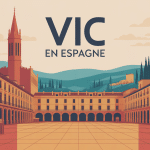 Scène catalane stylisée avec place centrale arcades et clocher à Vic Espagne