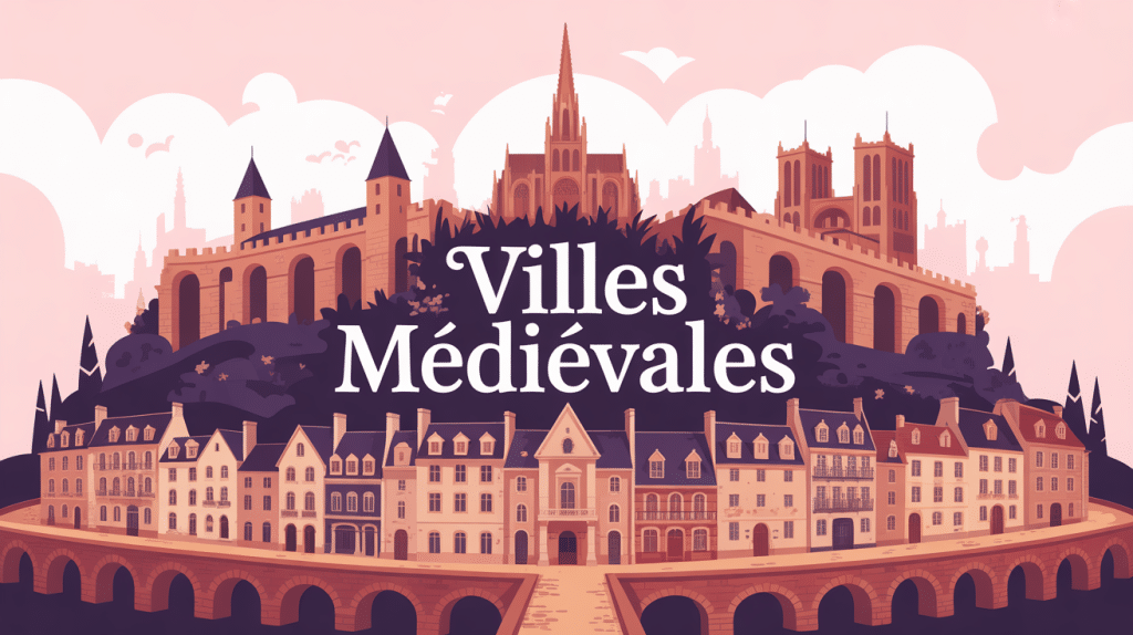 Illustration ville médiévale remparts ruelles cathédrale