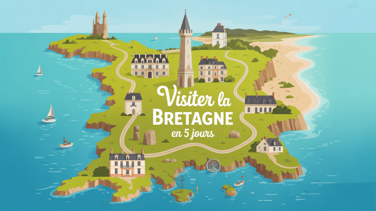 Carte illustrée visiter la Bretagne en 5 jours itinéraire