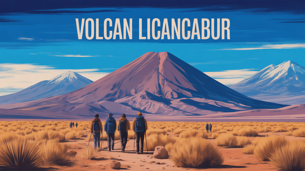Vue artistique du volcan Licancabur au Chili, randonneurs et paysage andin