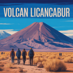 Vue artistique du volcan Licancabur au Chili, randonneurs et paysage andin