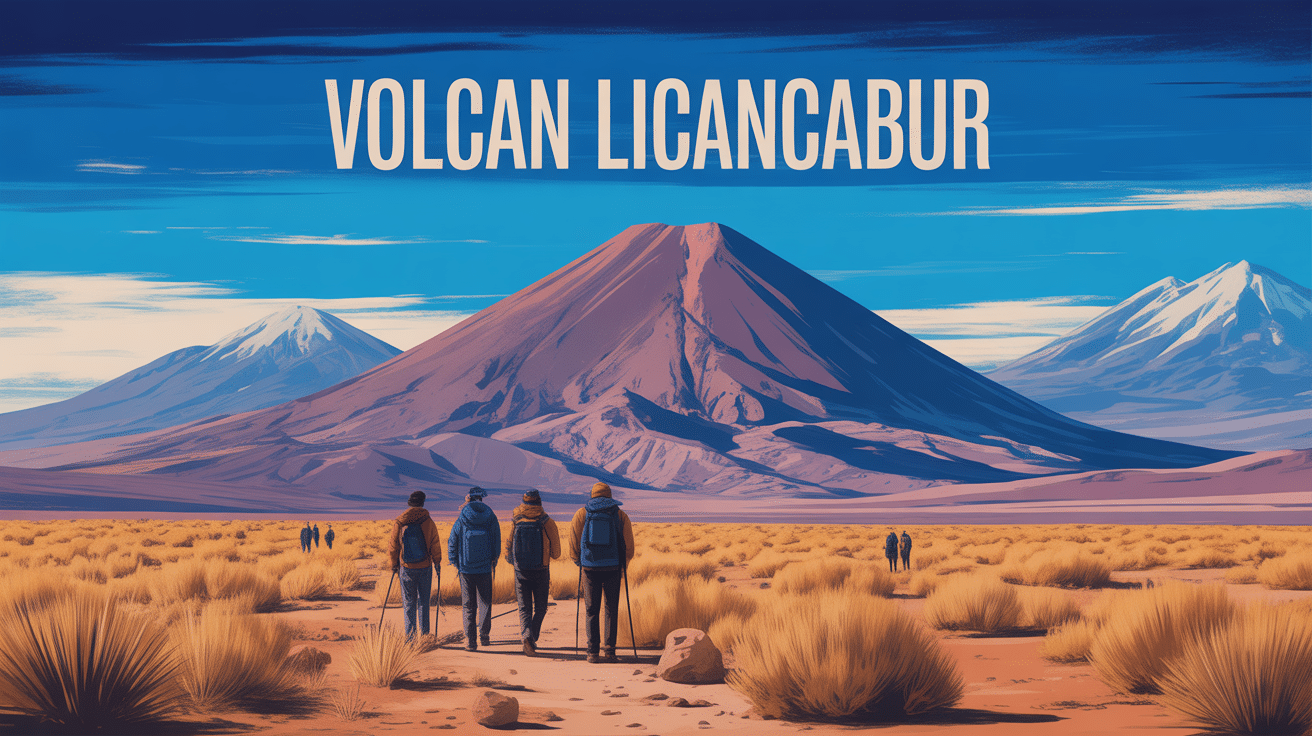 Vue artistique du volcan Licancabur au Chili, randonneurs et paysage andin