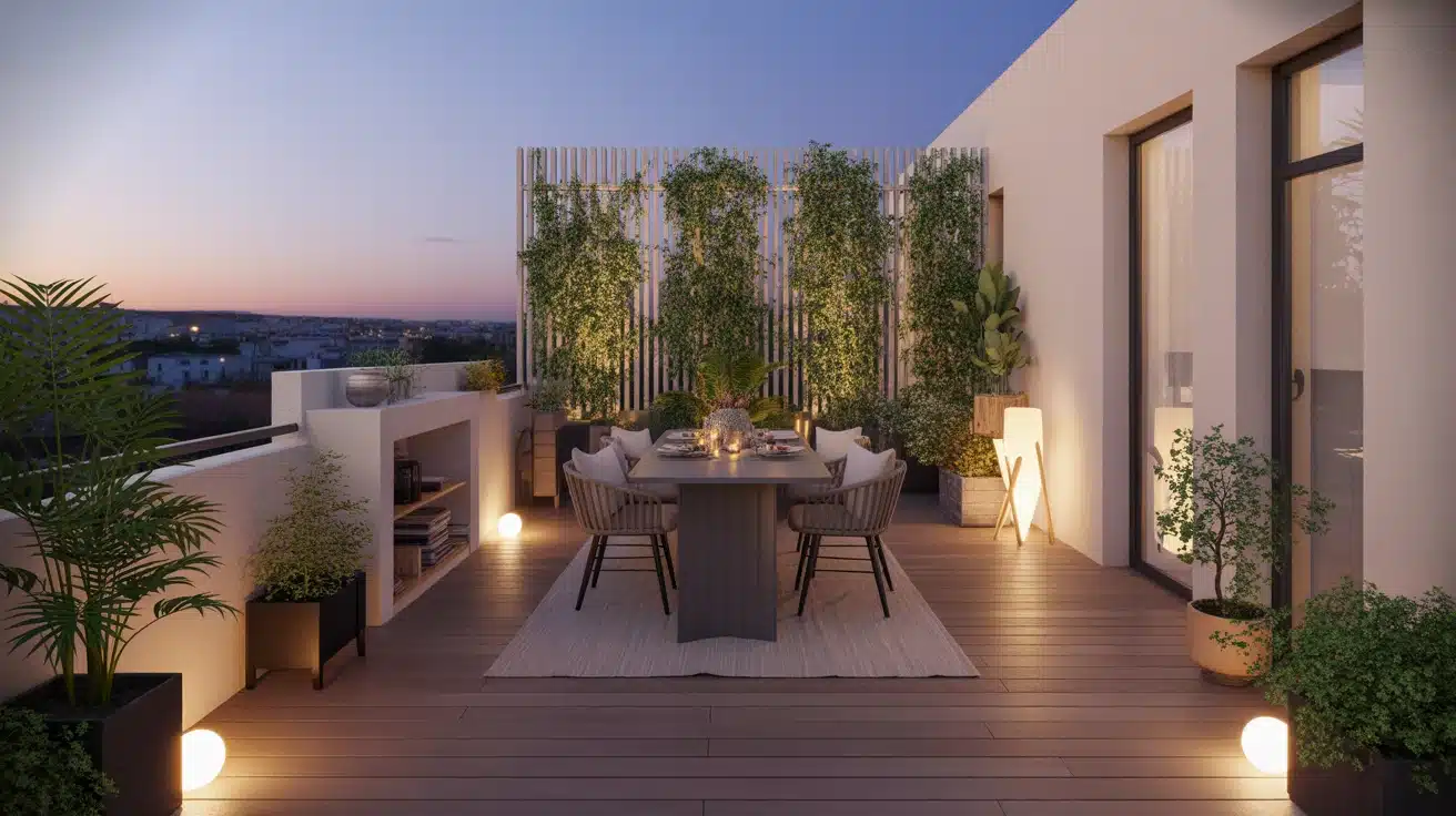 Aménagement terrasse 12m2 : zones repas et lounge lumineuses