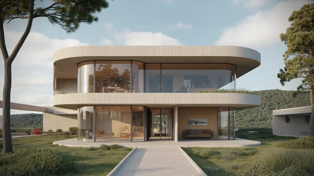 Architecture des années 70 : maison rétro-futuriste en béton et plexiglas fumé