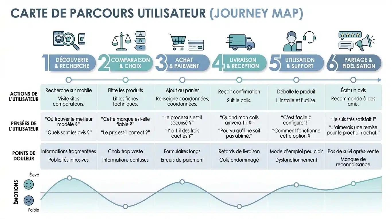 Infographie illustrant une carte de parcours utilisateur avec les étapes, actions, émotions et points de contact.